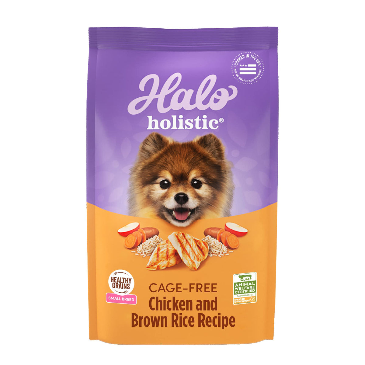 Halo Holistic cage-free chicken small breed dog food bag for digestive-friendly nutrition.