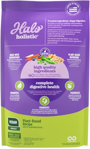 Halo Holistic digestive health kibble open bag showing prebiotics and probiotics for gut support.