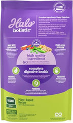 Halo Holistic digestive health kibble open bag showing prebiotics and probiotics for gut support.