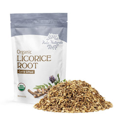 Halo Naturals licorice root cut and sifted in a resealable bag for freshness.