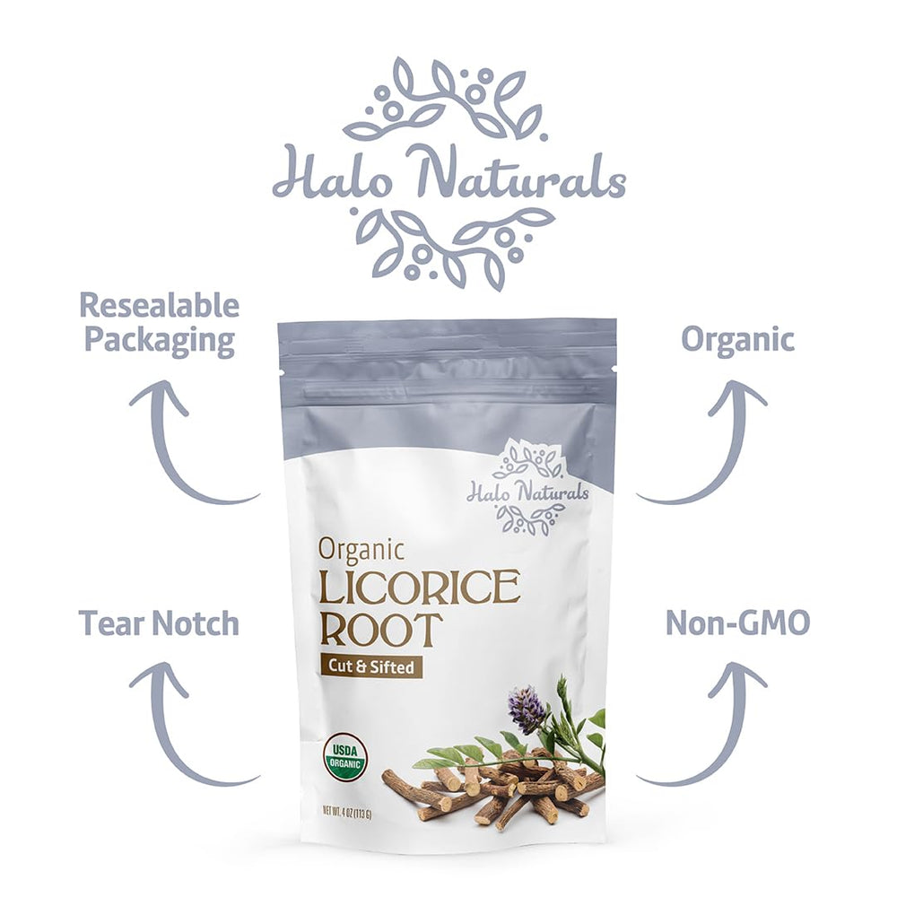 Halo Naturals licorice root packaging labeled as packaged in the USA.