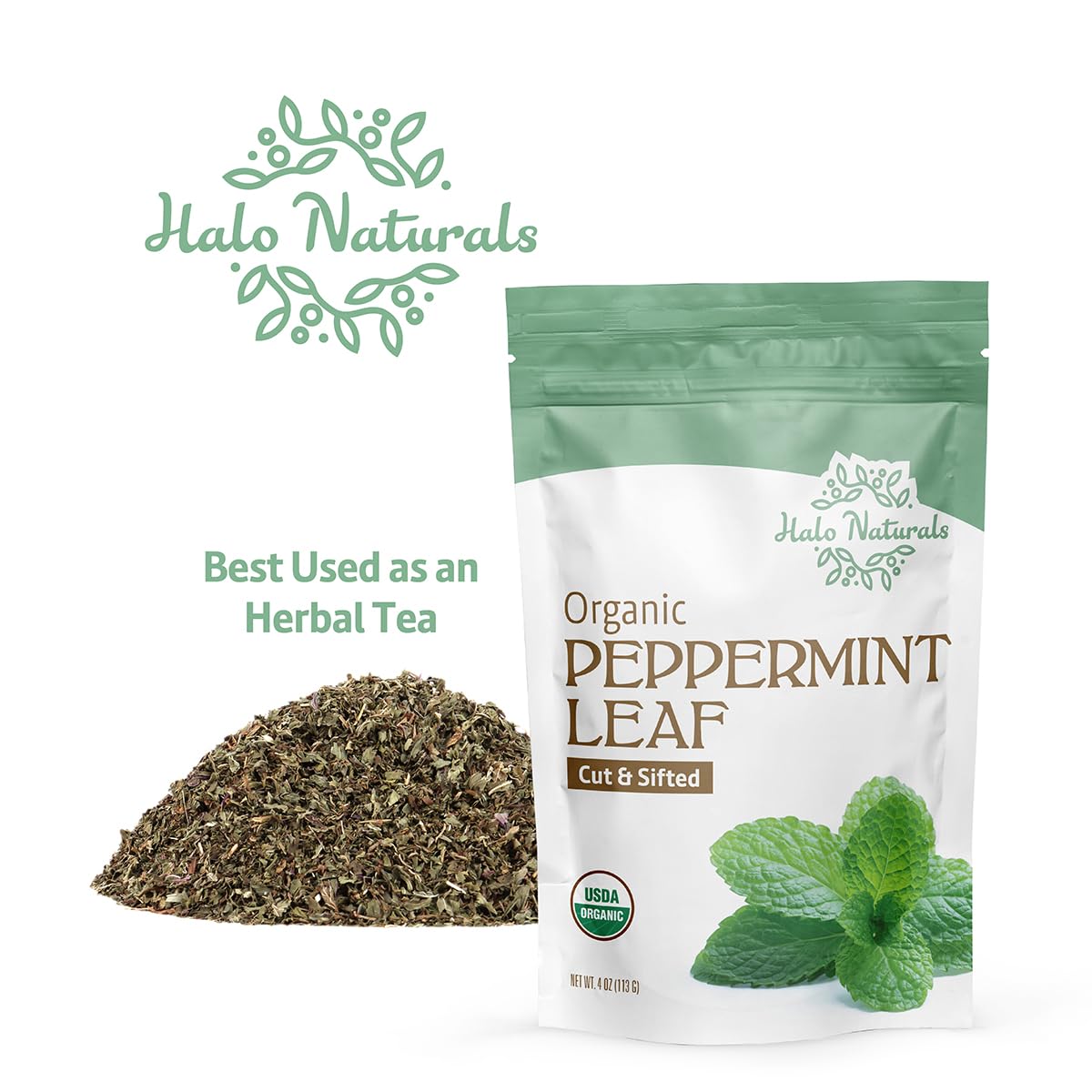 Halo Naturals organic peppermint leaf packaging, ready for pantry storage and quick tea prep