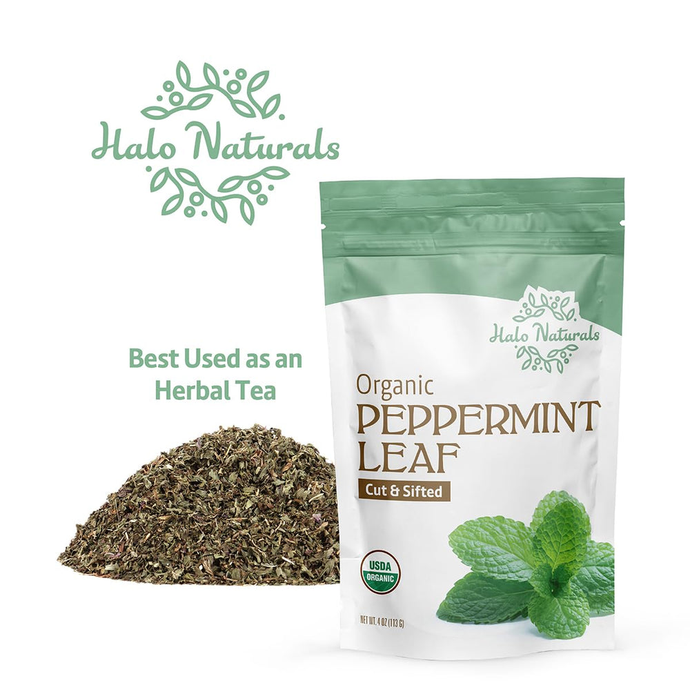 Halo Naturals organic peppermint leaf packaging, ready for pantry storage and quick tea prep