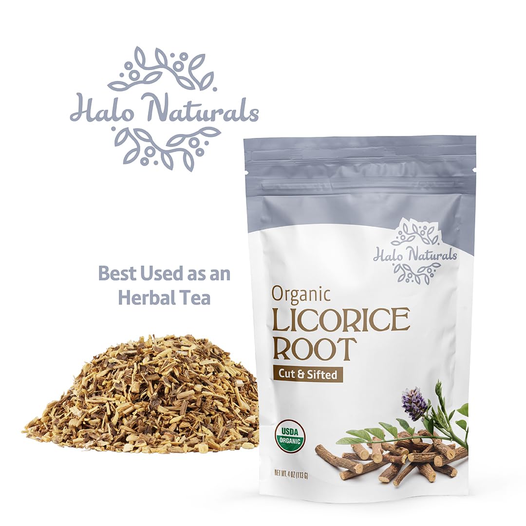 Halo Naturals licorice root showing origin notes from Turkey, Pakistan, and China.