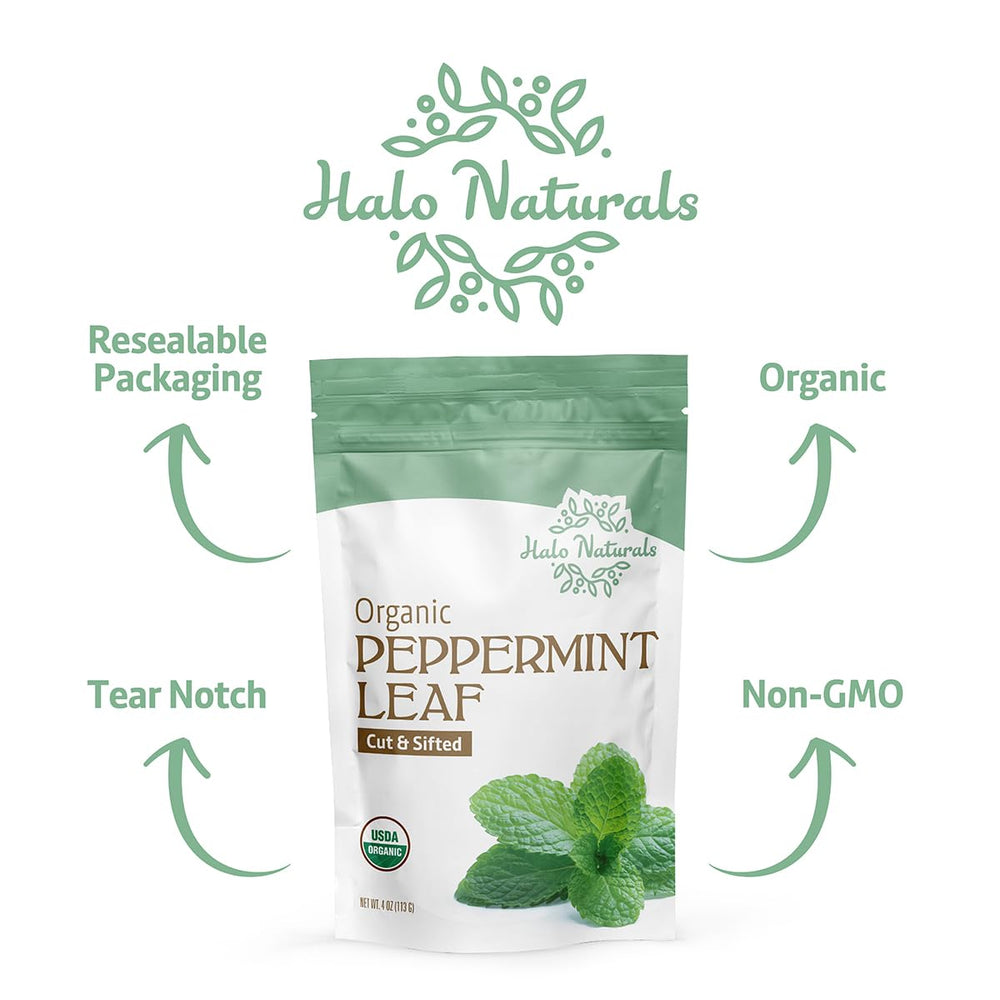 Halo Naturals cut-and-sifted peppermint leaf texture, perfect for culinary infusions and desserts
