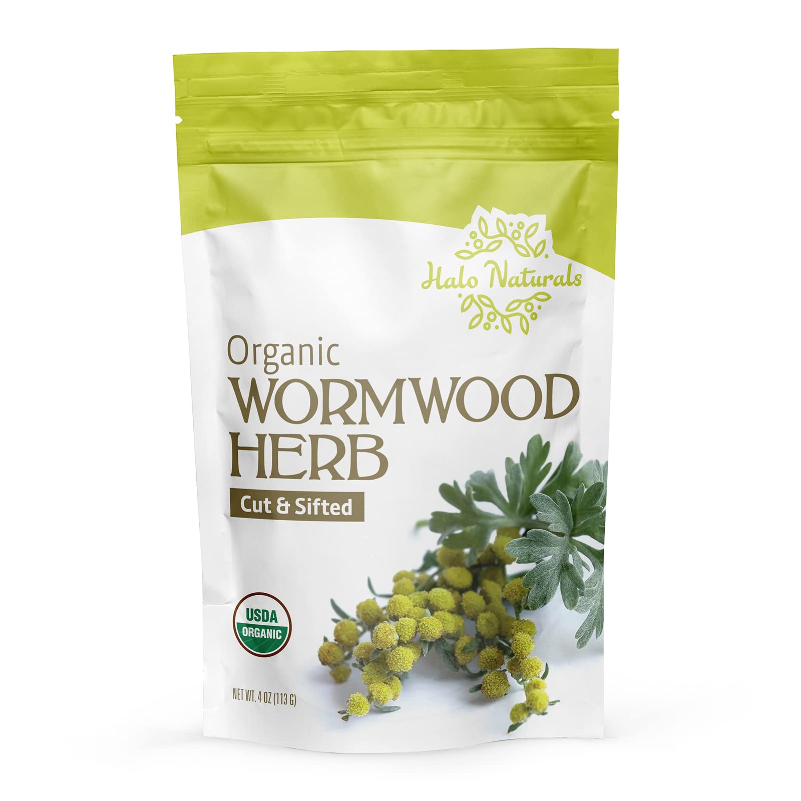 Halo Naturals resealable pouch keeps wormwood herb fresh after opening.