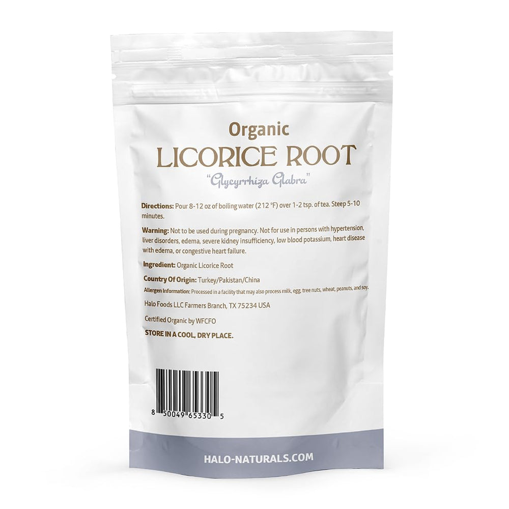 USDA Organic seal on Halo Naturals licorice root packaging.