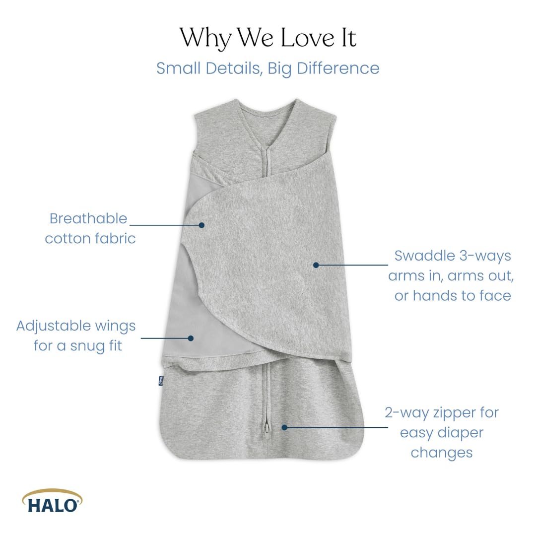 HALO Sleepsack Swaddle 3-way adjustment highlights customizable sleep positions.