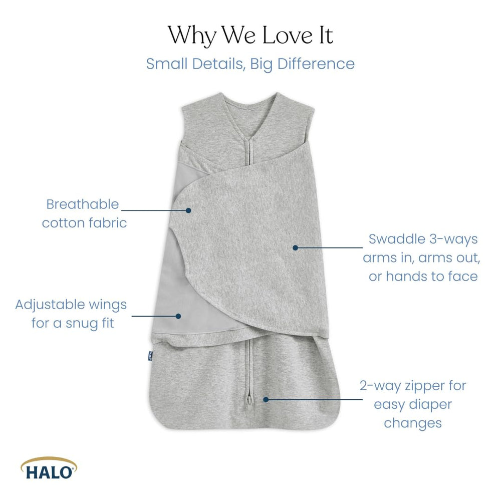 HALO Sleepsack Swaddle 3-way adjustment highlights customizable sleep positions.
