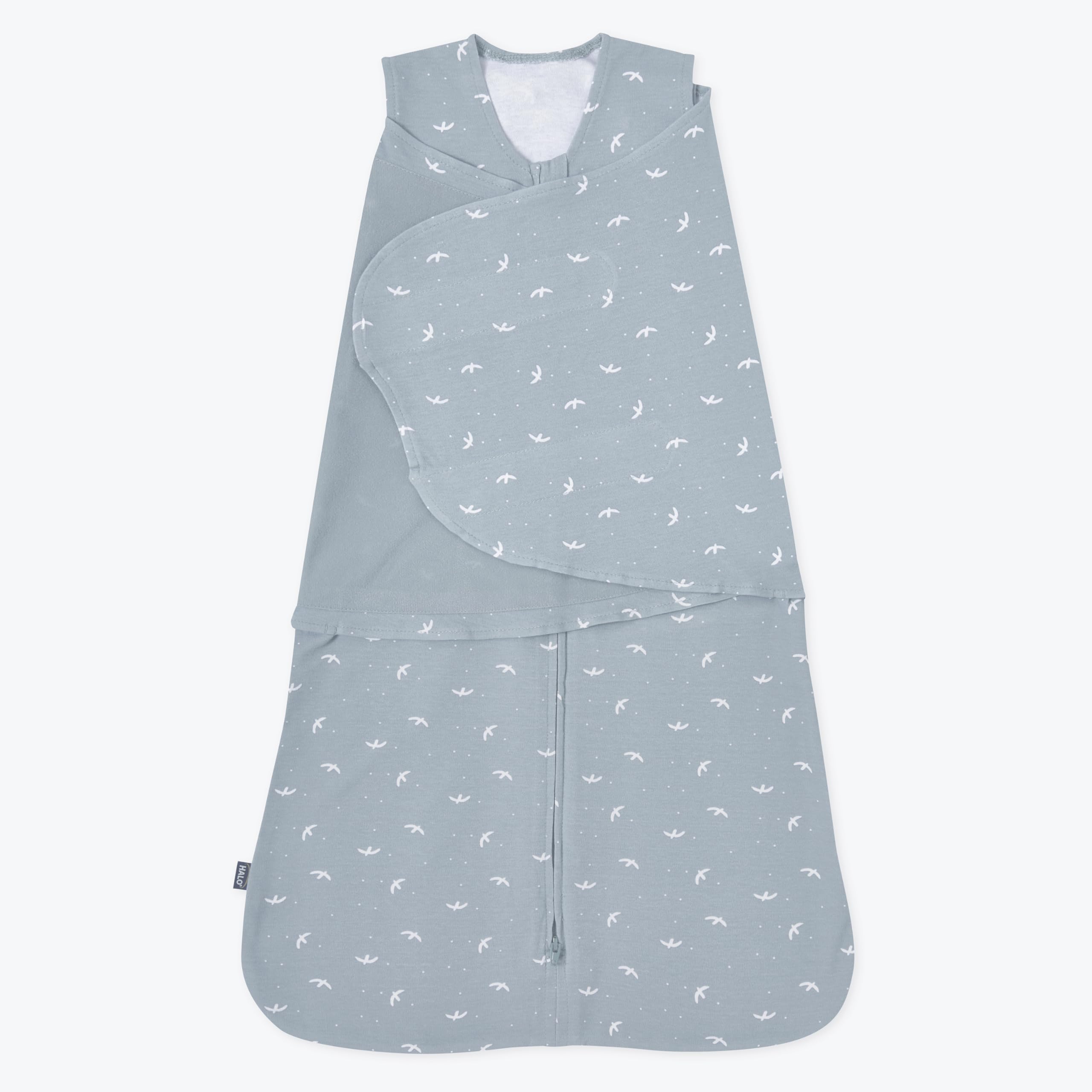 HALO Sleepsack Swaddle bird-print front view promotes snug newborn comfort.