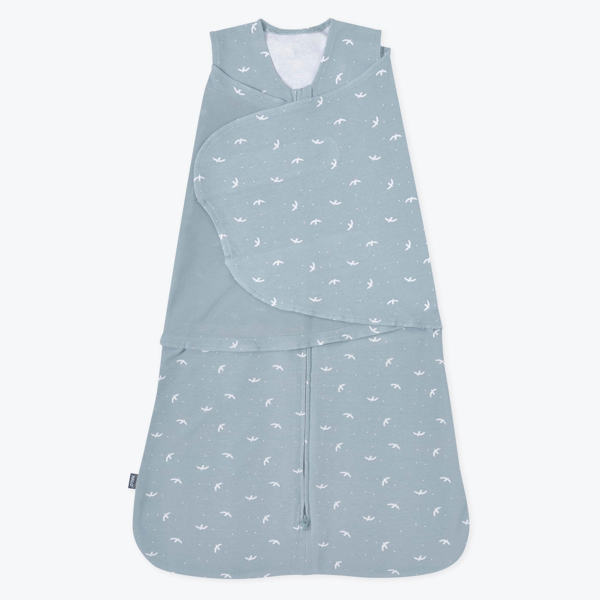 HALO Sleepsack Swaddle bird-print front view promotes snug newborn comfort.
