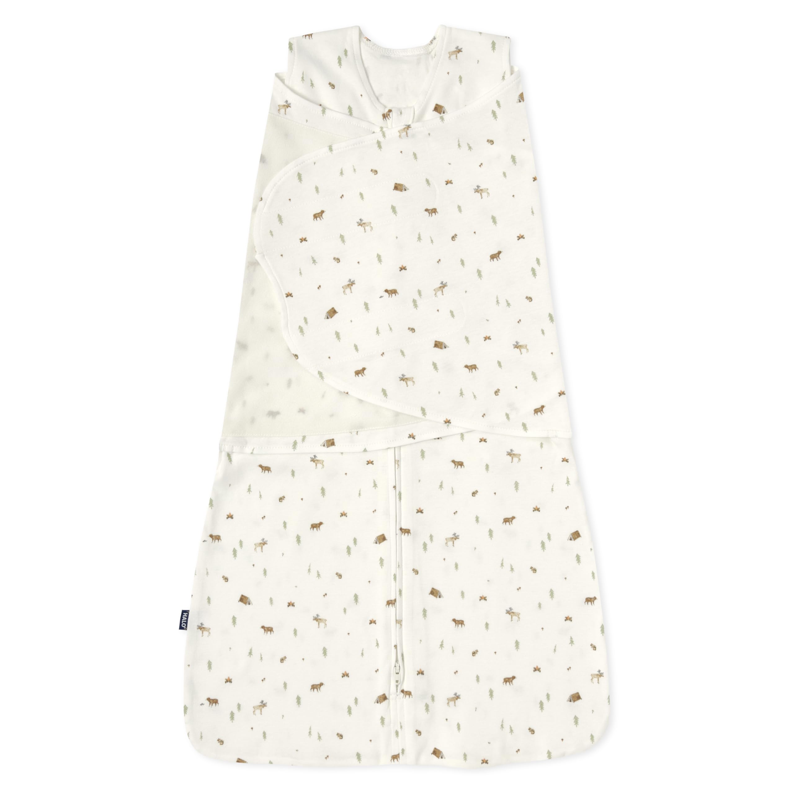 HALO Sleepsack Swaddle campsite fabric closeup shows soft cotton for cozy nights.