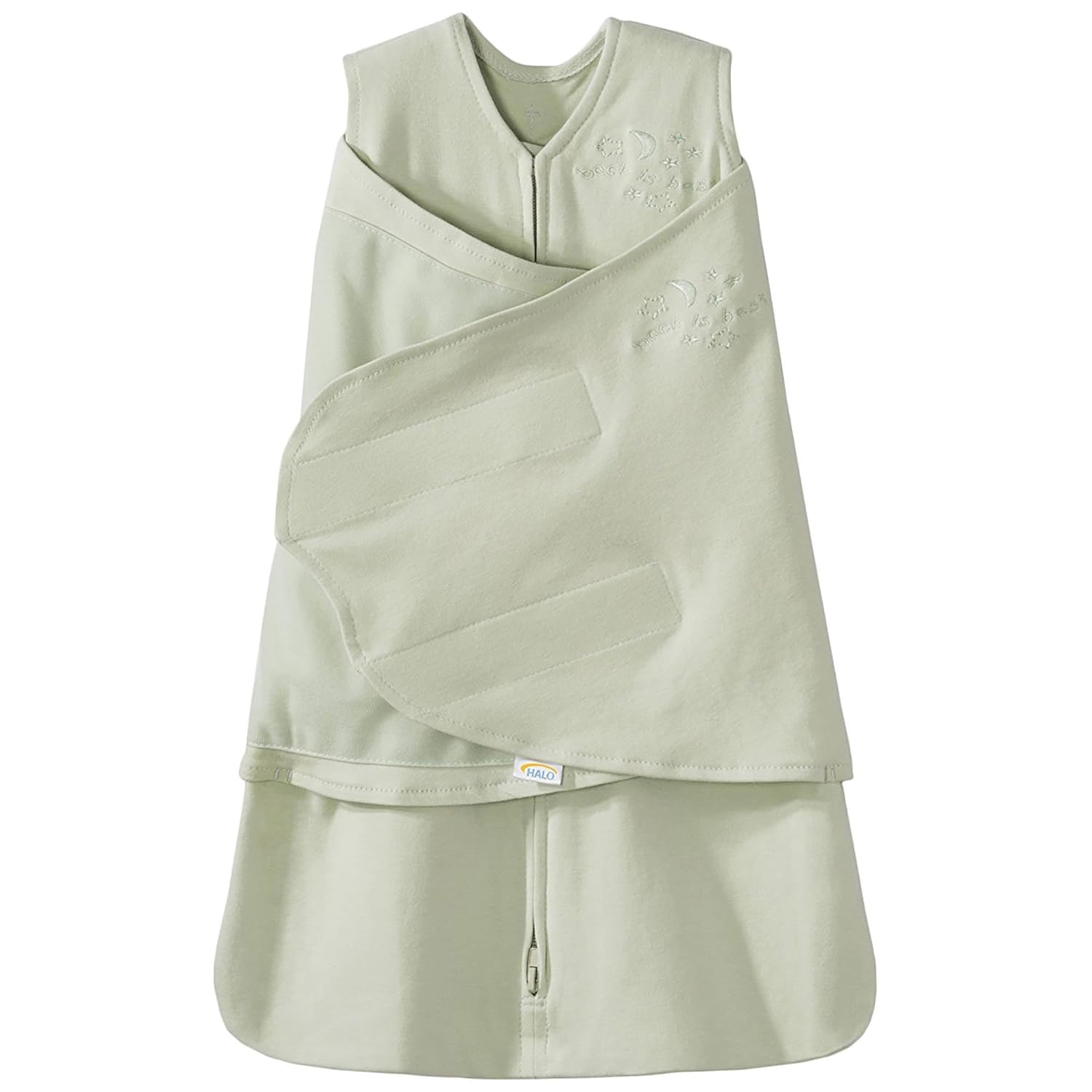 HALO Sleepsack Swaddle Sage showing 3-way adjustable arms for versatile sleep styles