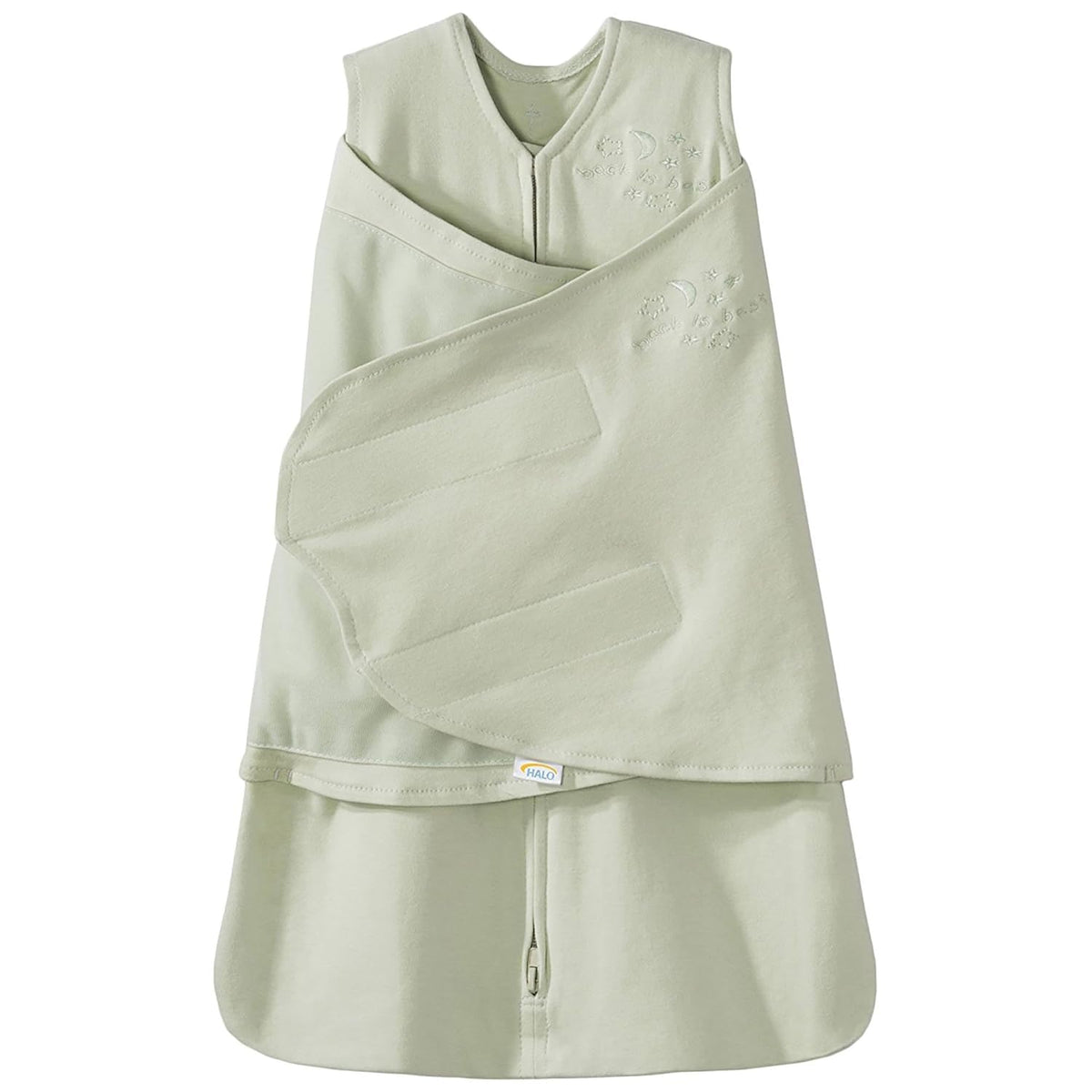 HALO Sleepsack Swaddle Sage showing 3-way adjustable arms for versatile sleep styles