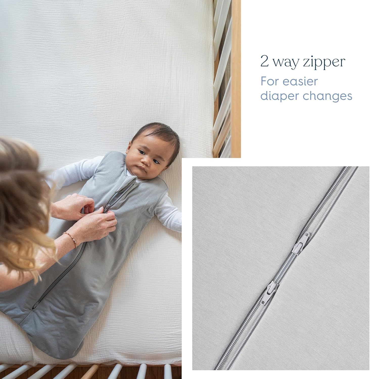 HALO SuperSoft two-way inverted zipper visible; enables easy nighttime diaper changes.