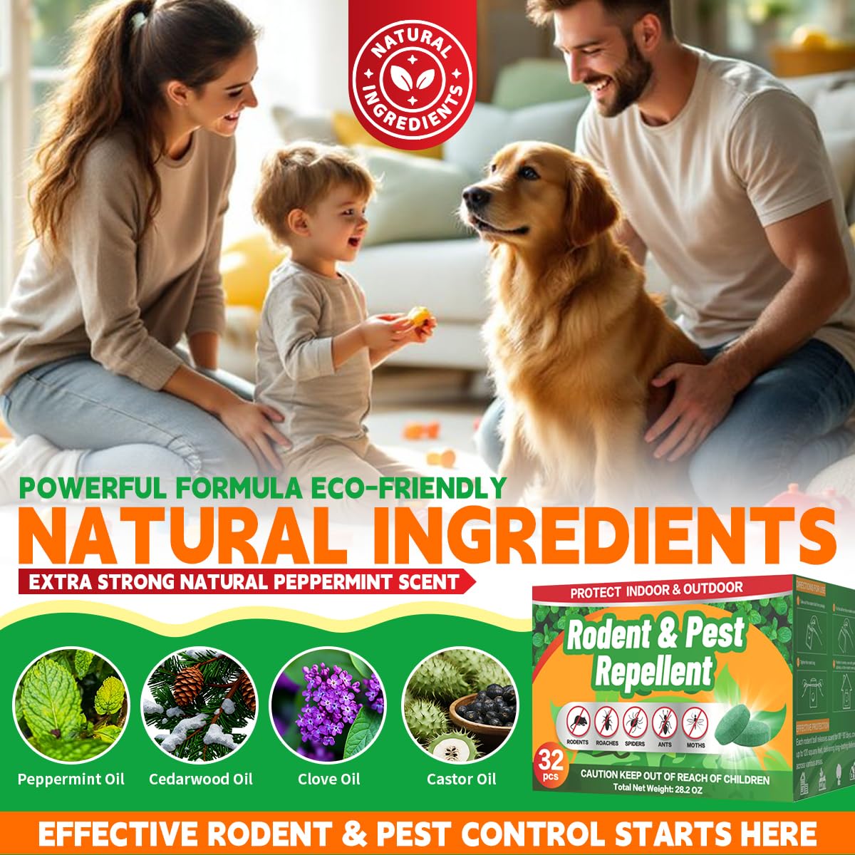Halonly rodent repellent pouches in cabinet for odor-based defense.