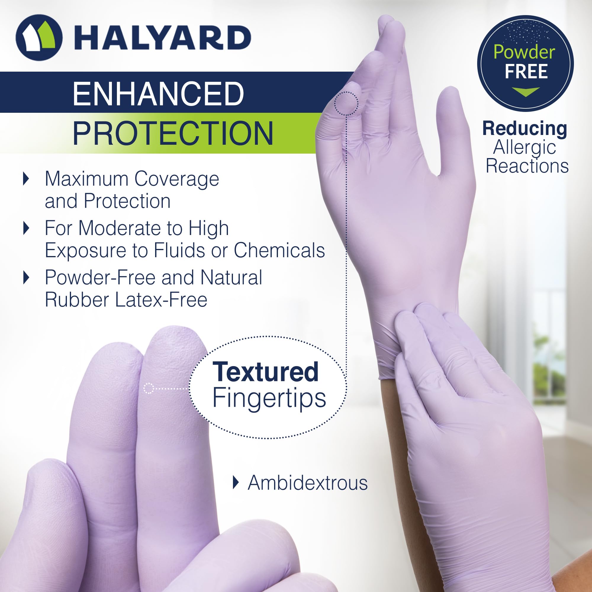 HALYARD Lavender nitrile gloves with ambidextrous design for easy use on both hands.