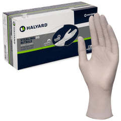 HALYARD Sterling SG nitrile gloves box front showing latex-free protection for sensitive skin
