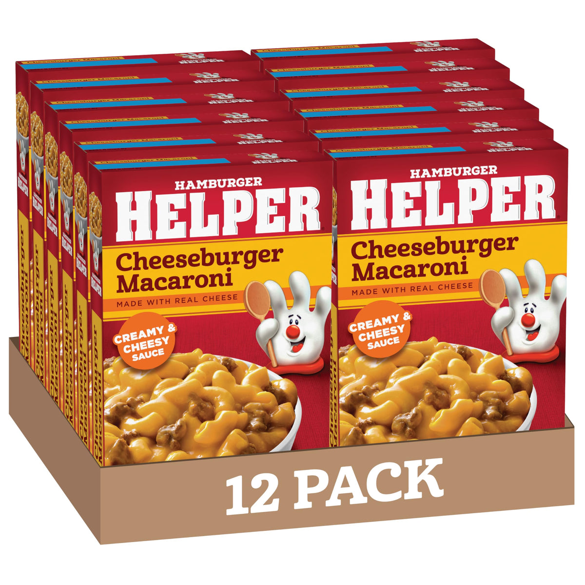 Hamburger Helper Cheeseburger Macaroni packaging and serving idea for quick meals