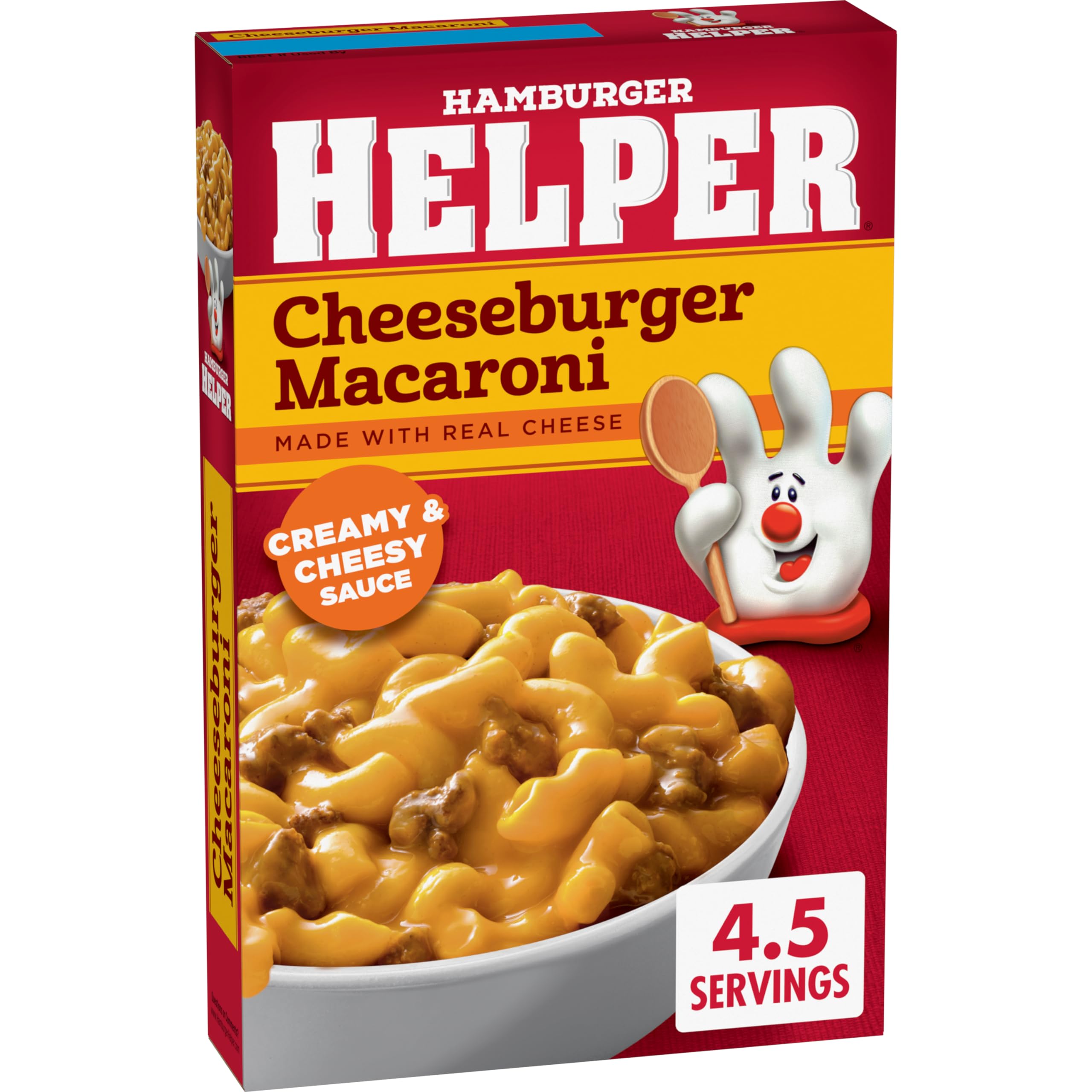 Hamburger Helper Cheeseburger Macaroni skillet cooking shows a cheesy dinner