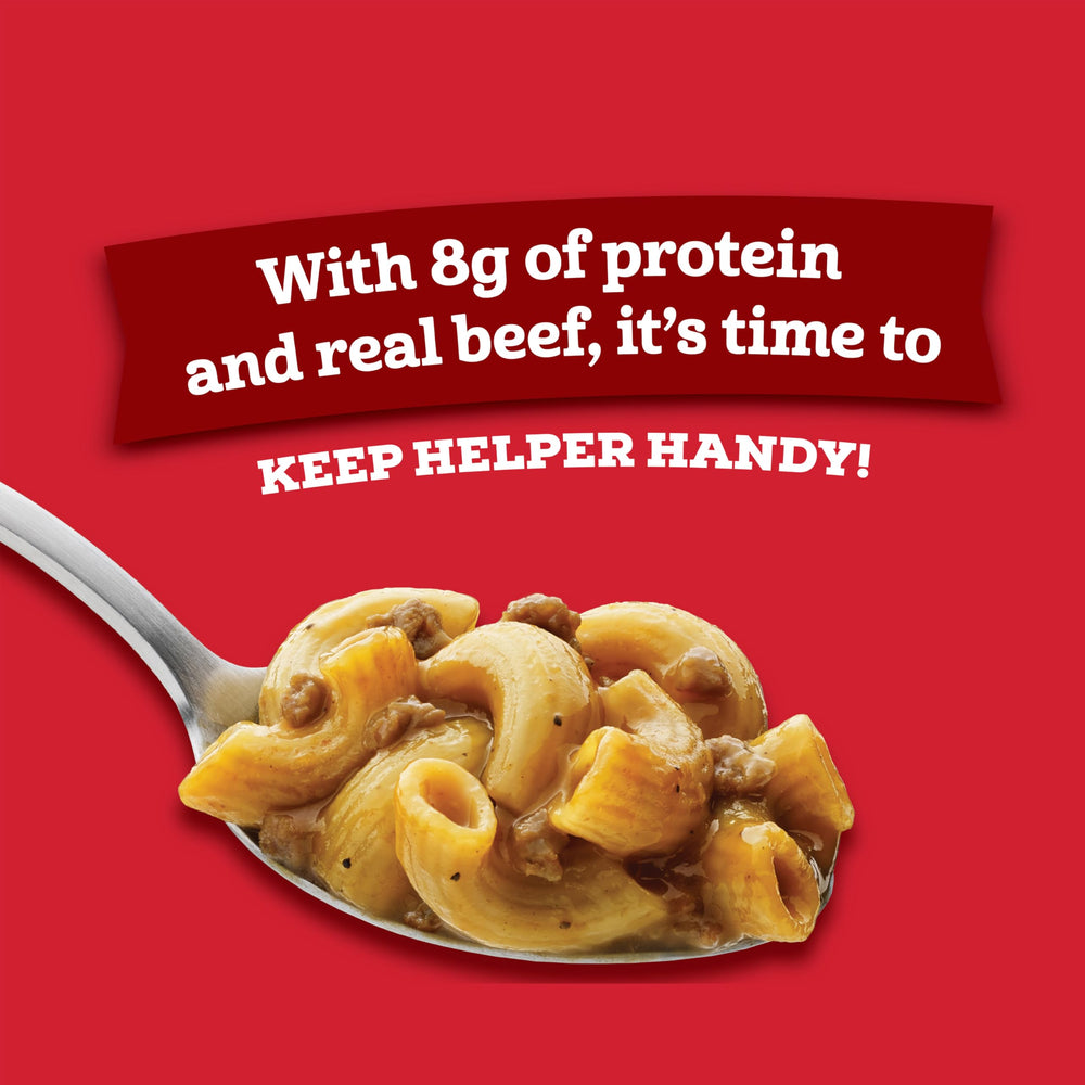 Hamburger Helper beef pasta cup shows a quick 4-minute heat time for busy evenings.
