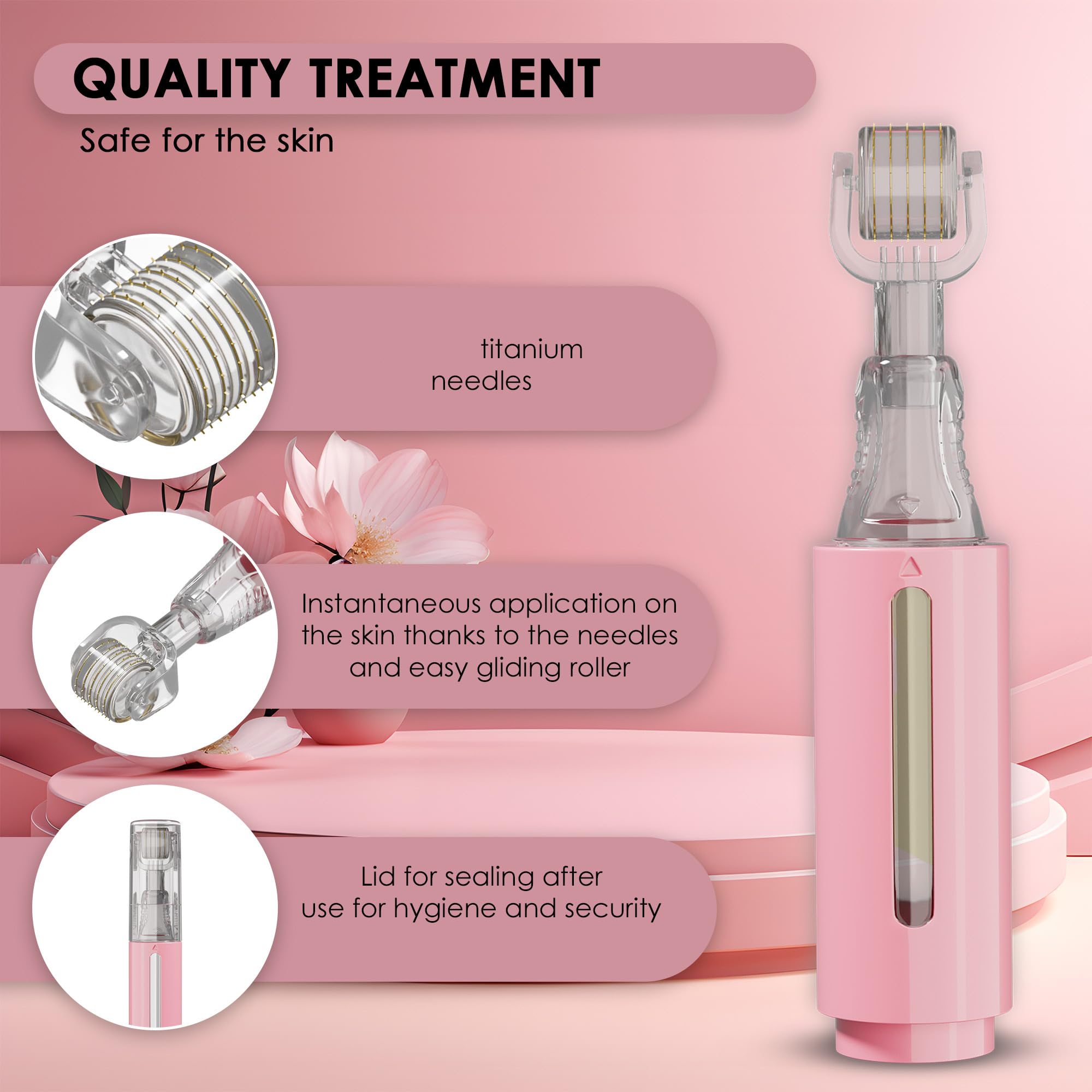 HAMINOS Derma Roller targeting facial wrinkles with reservoir for better serum deposition.