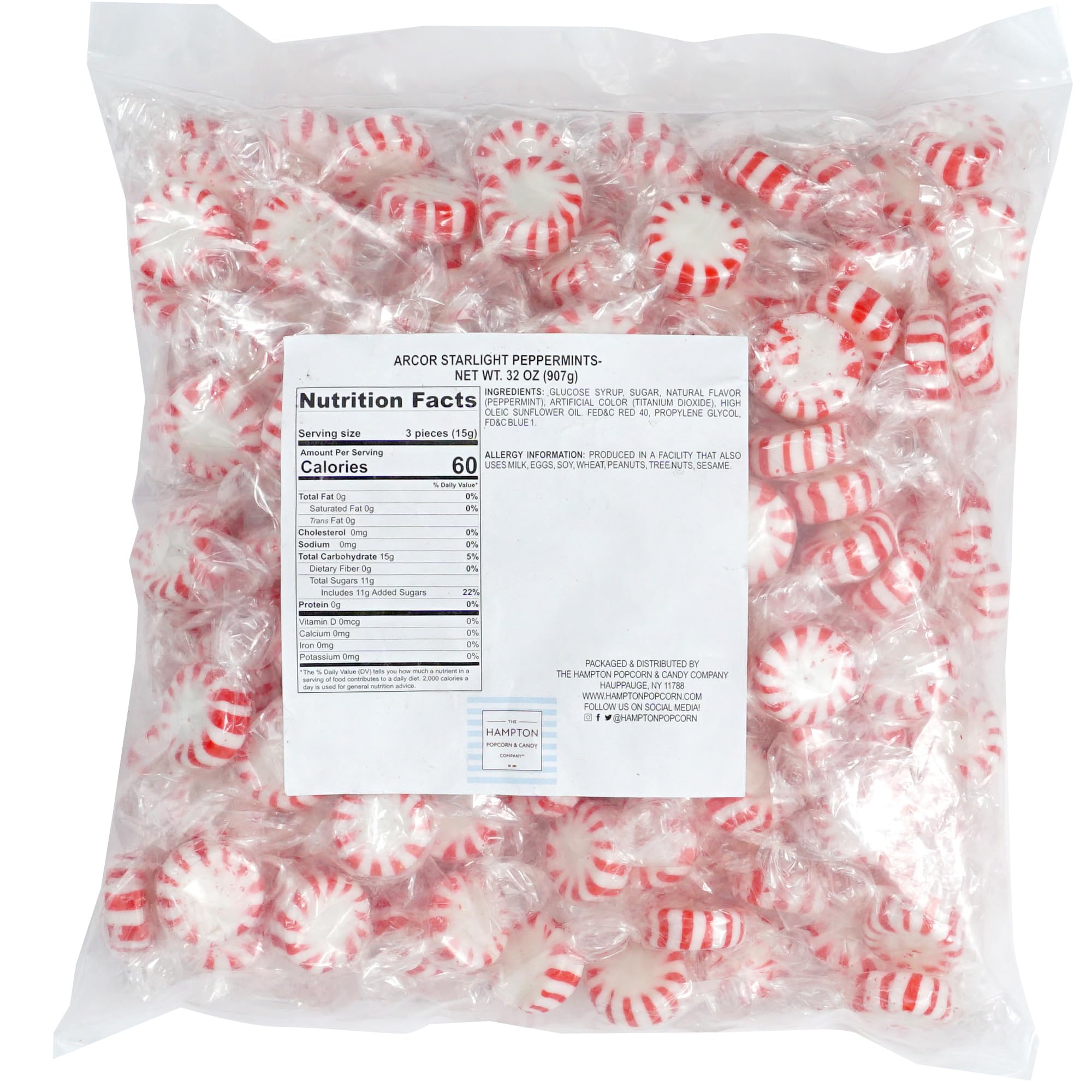 Back of The Hampton Starlight Peppermint bag shows details and bulk value.