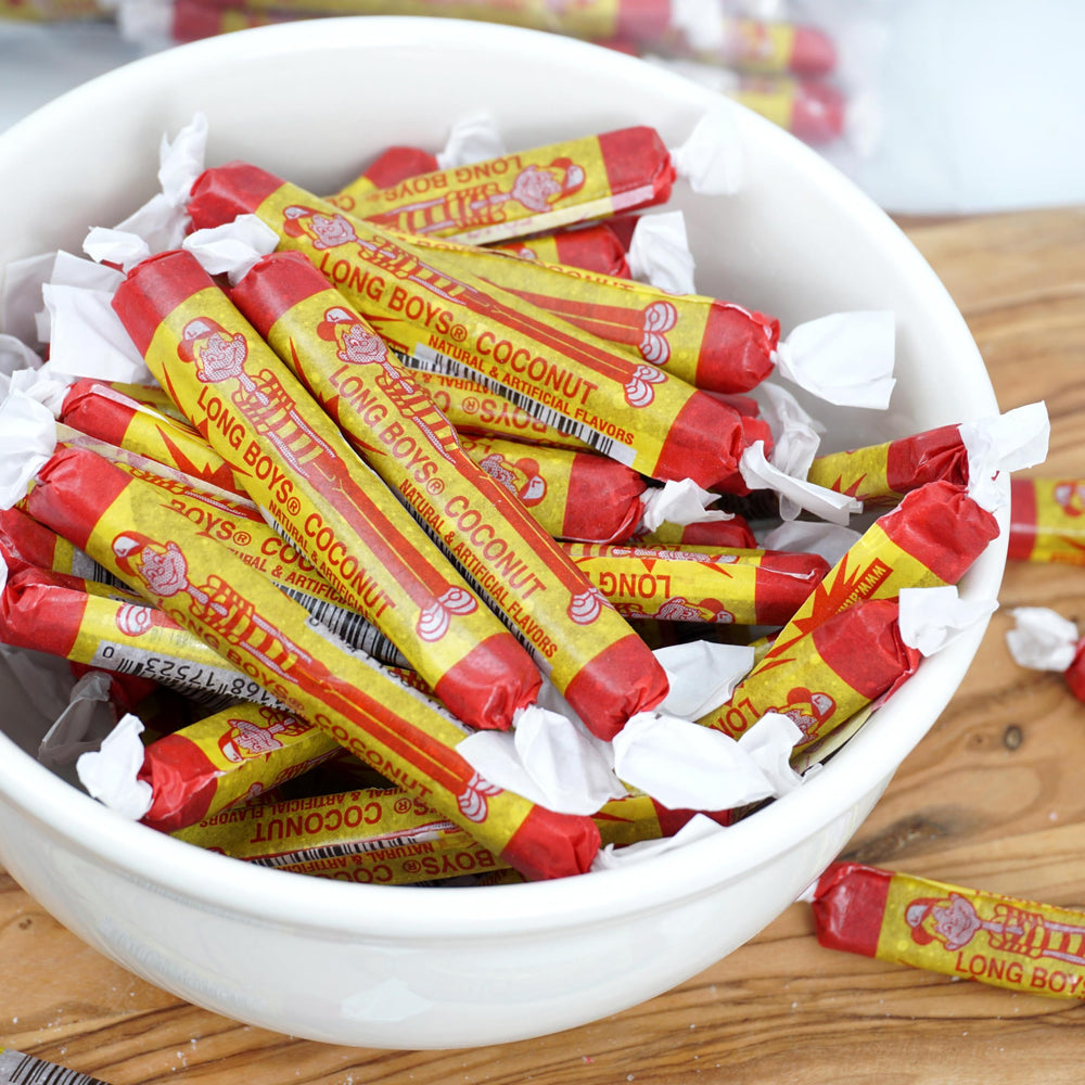 The Hampton Candy Company Long Boys Coconut Candy; real coconut flakes deliver a tropical bite.