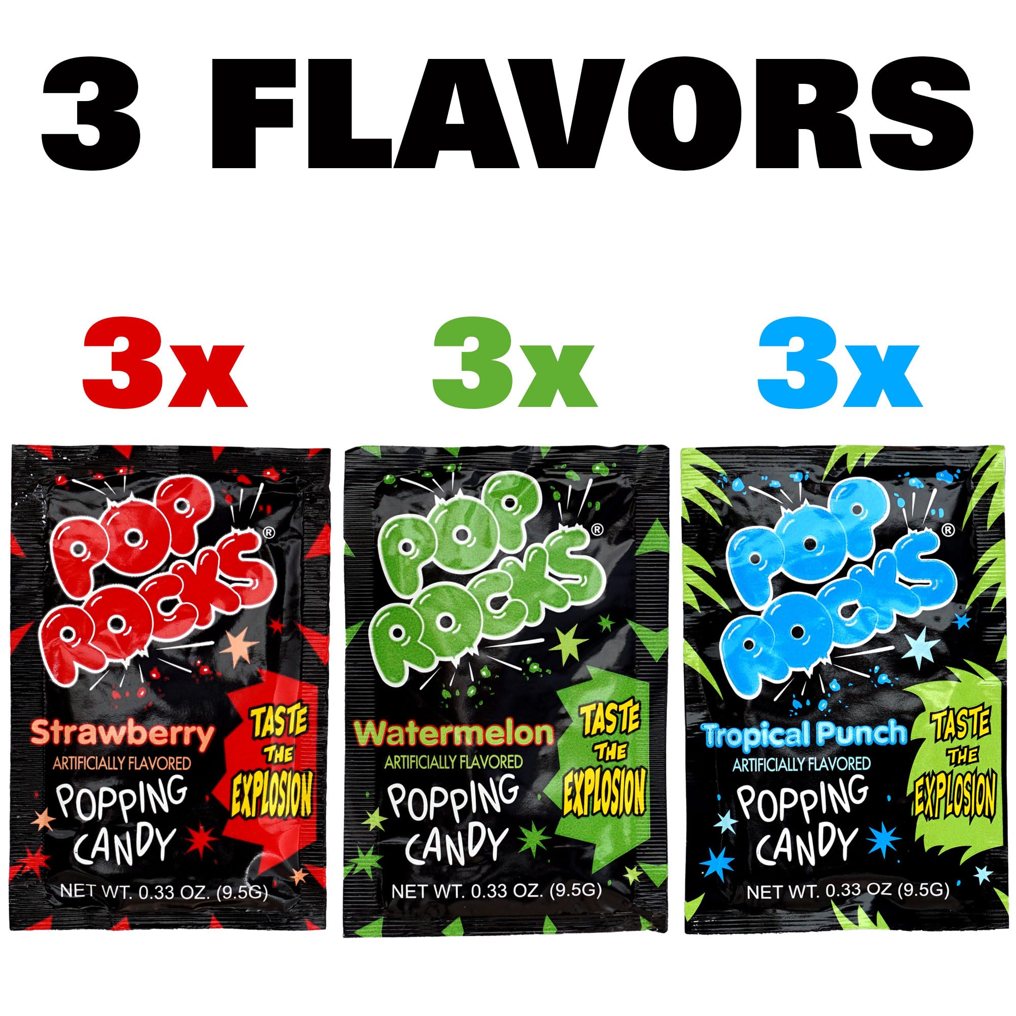 The Hampton Candy Company Pop Rocks flavors close-up: Strawberry, Watermelon, Tropical Punch, lively flavor option.