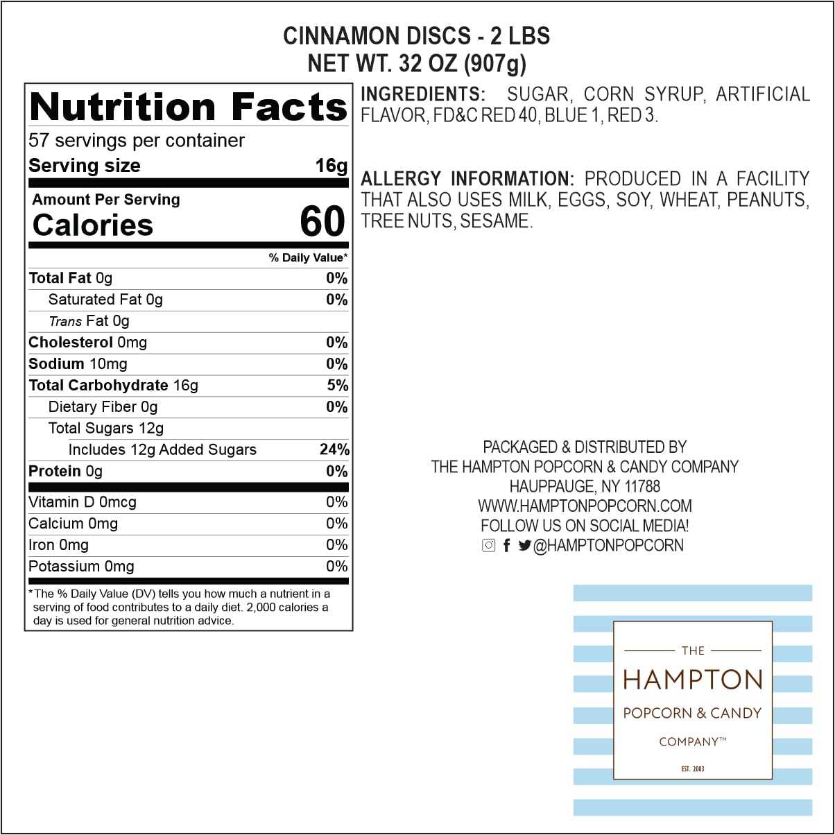Hampton Cinnamon Discs packaging with label highlights classic red candy convenient for gifting.