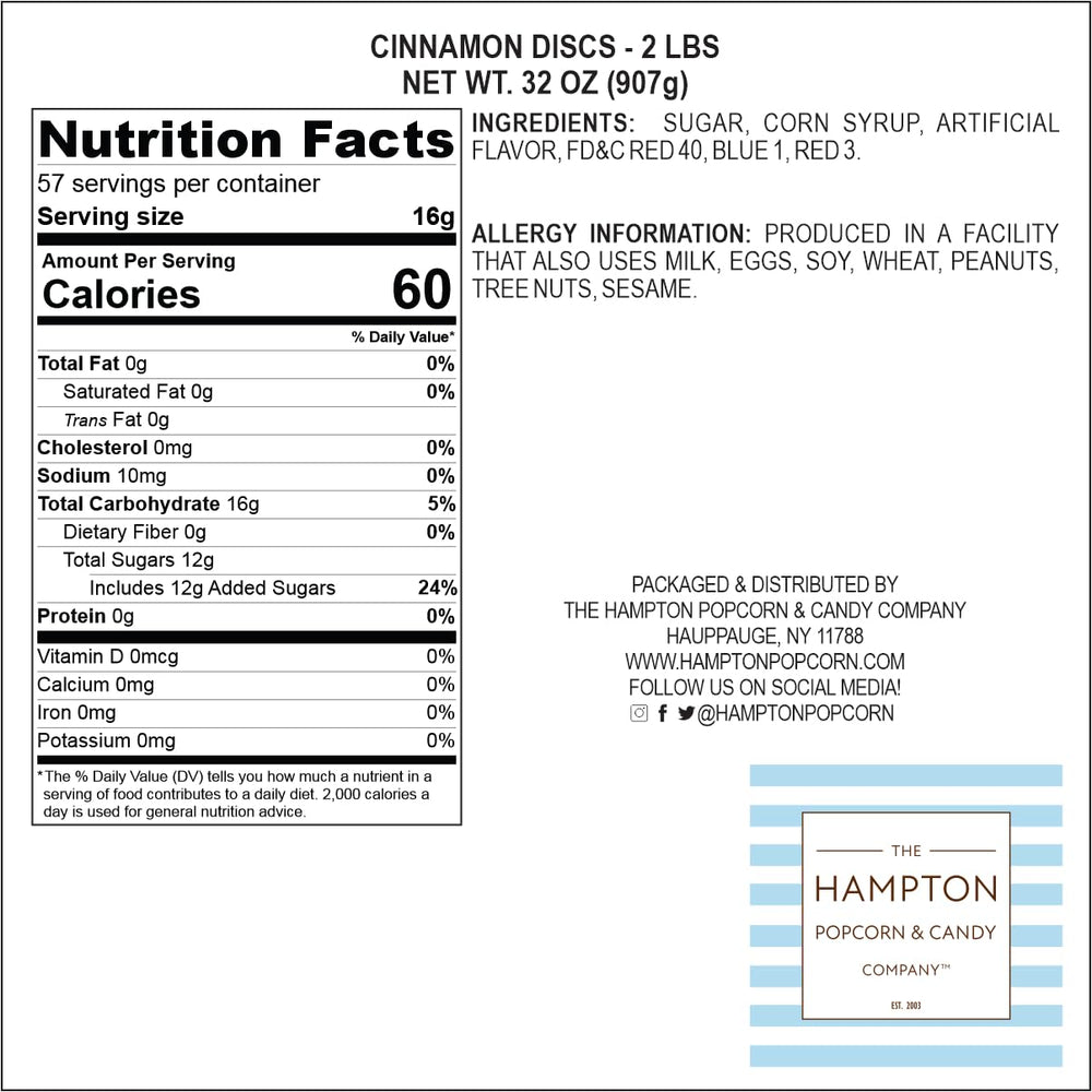 Hampton Cinnamon Discs packaging with label highlights classic red candy convenient for gifting.