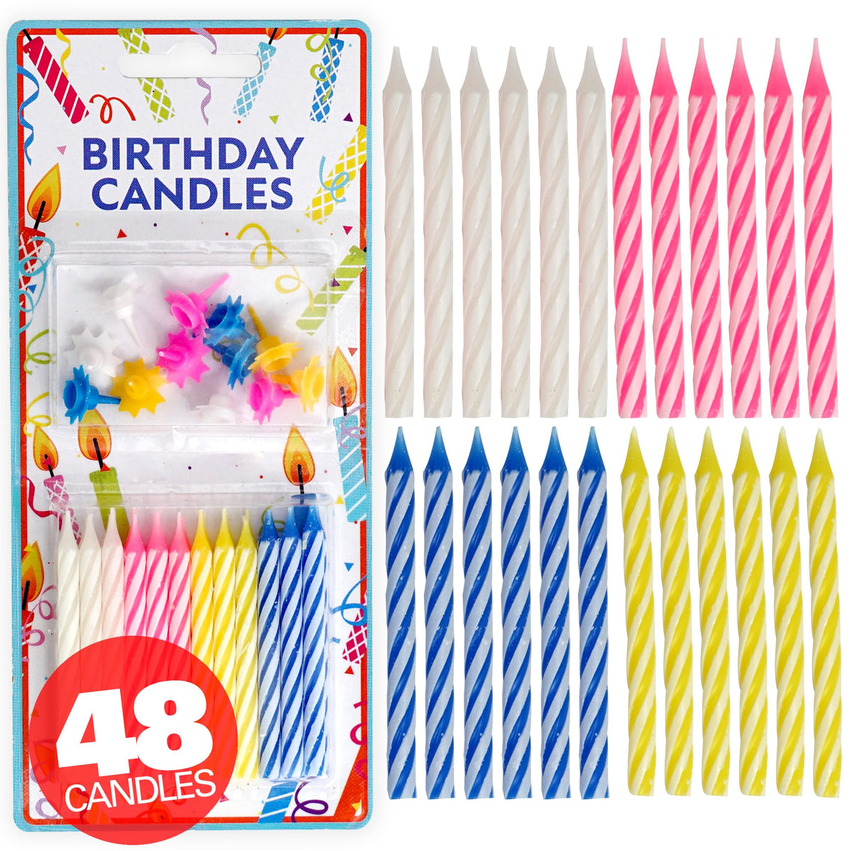 Hampton Distribution multicolored spiral birthday candles in a vibrant 24-pack for celebrations.