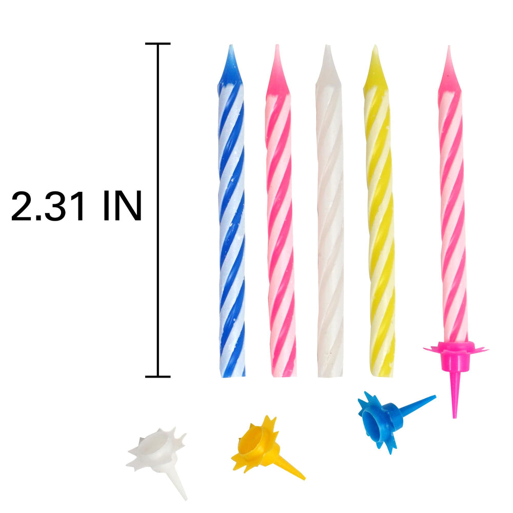 Hampton Distribution bright spiral candles on a cake creating a festive centerpiece.