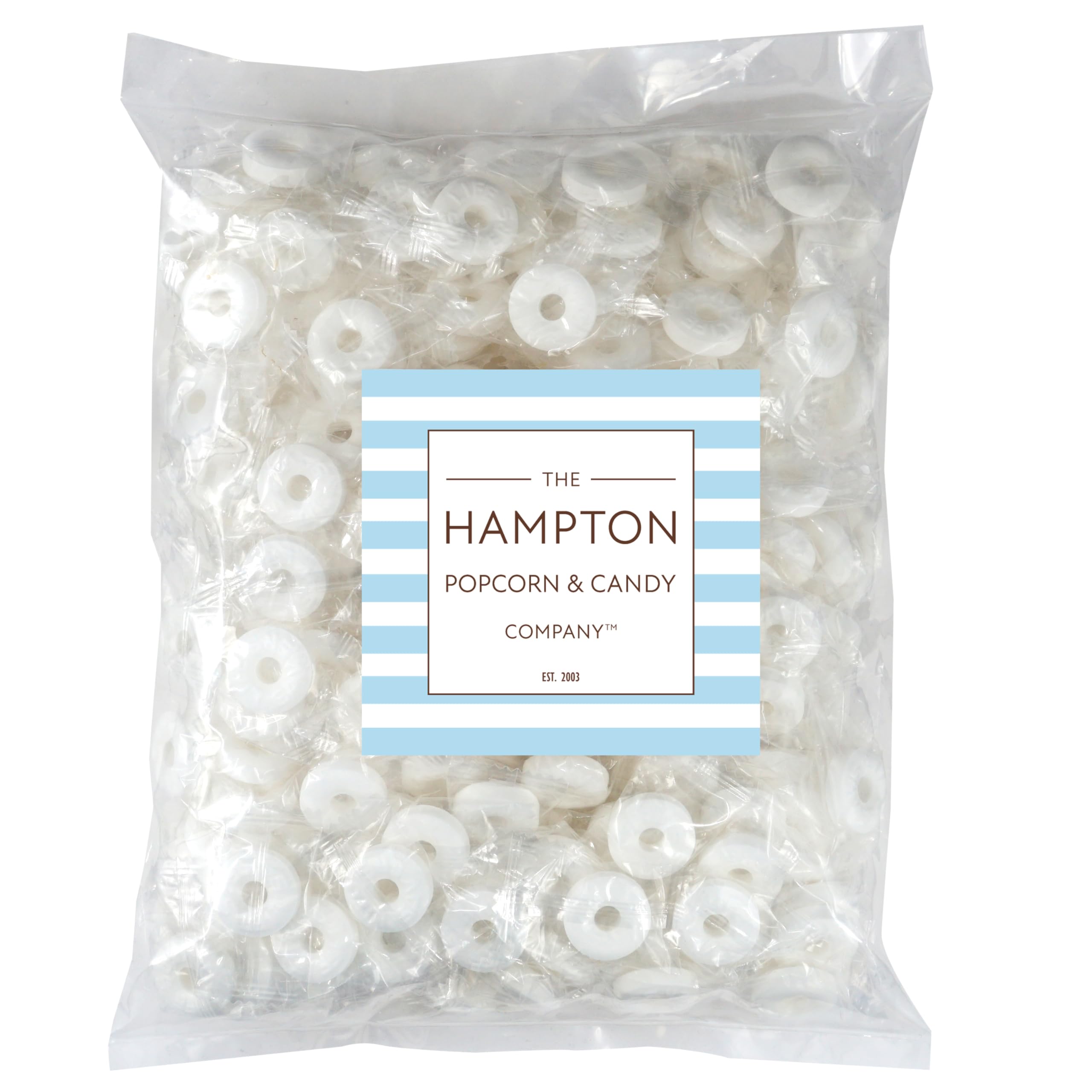 The Hampton Popcorn Company Peppermint Lifesavers close-up reveals a refreshing minty bite.