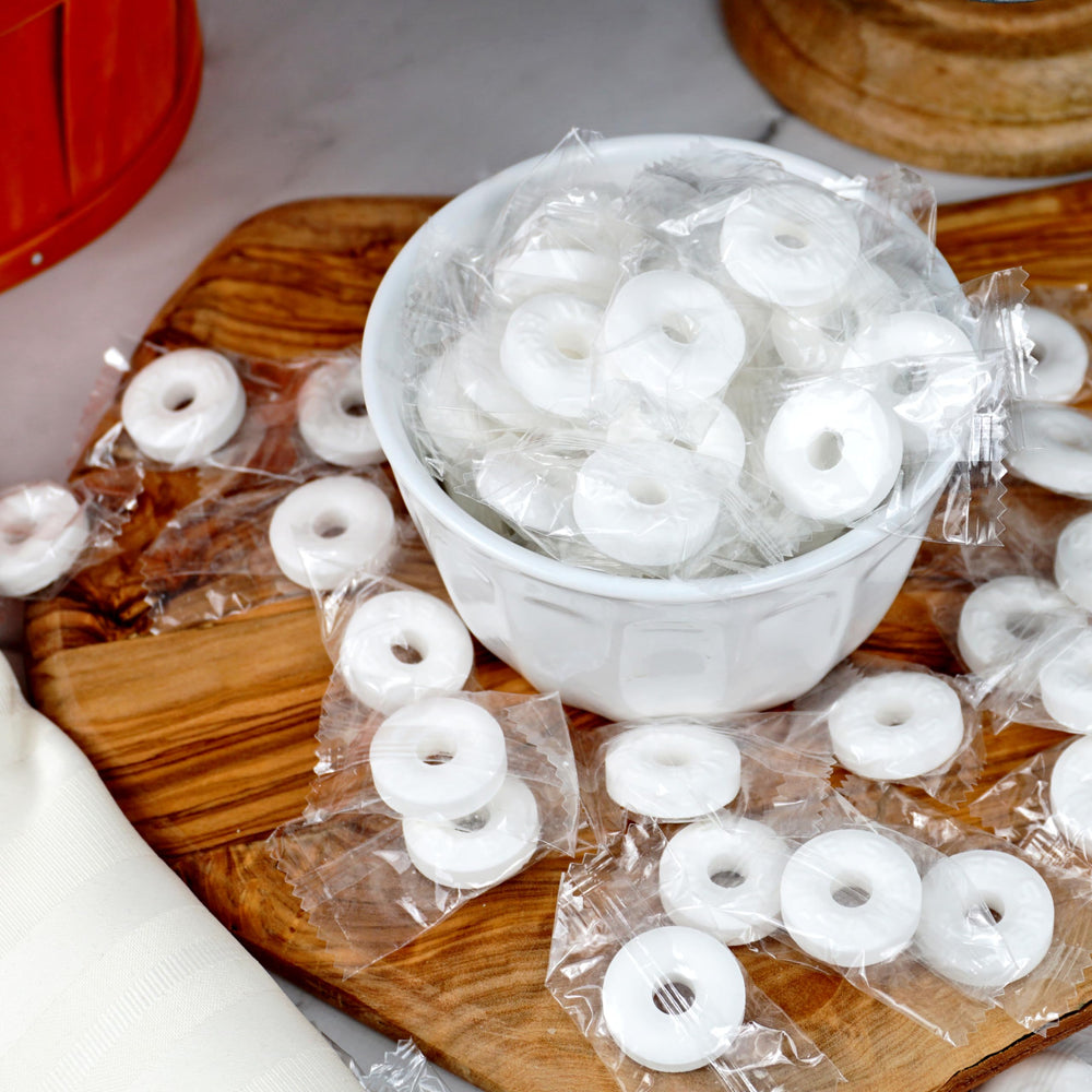 Peppermint Lifesavers arranged at a table, adding a fresh touch to weddings or events.