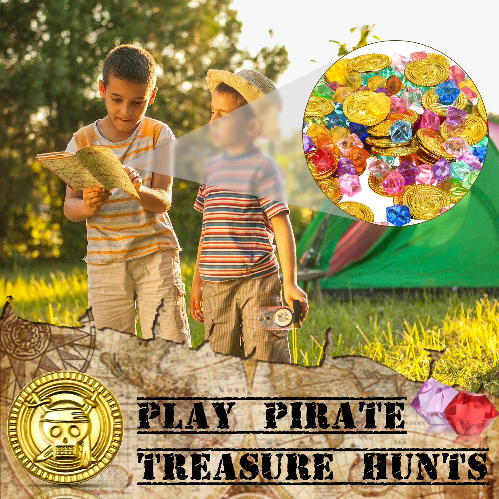 Hanaive pirate party setup uses coins and gems for immersive play.