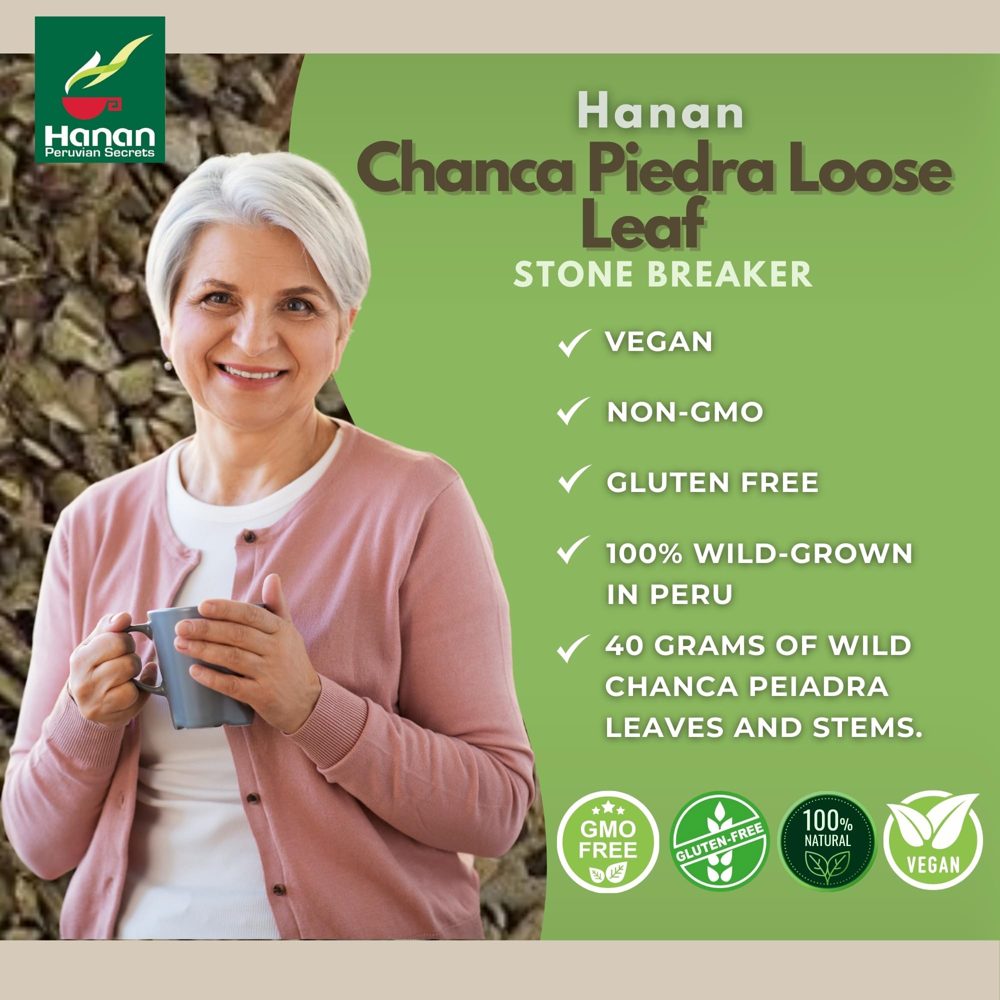 Hanan Chanca Piedra cup with steaming tea showcases mild earthy flavor for relaxation.