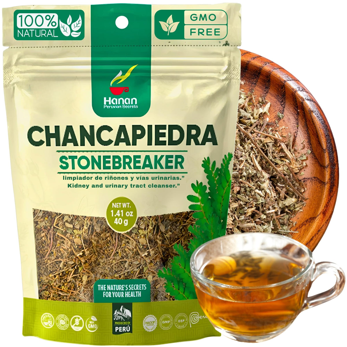 Hanan Chanca Piedra loose leaf tea packaging highlights natural, vegan-friendly everyday ritual.