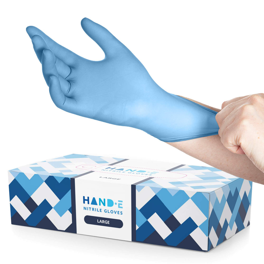 Hand-E Touch blue nitrile gloves in a 100-pack for reliable kitchen and cleaning protection.
