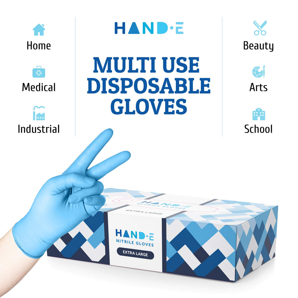 Hand-E Touch blue nitrile gloves in a 100-count box with convenient packaging.