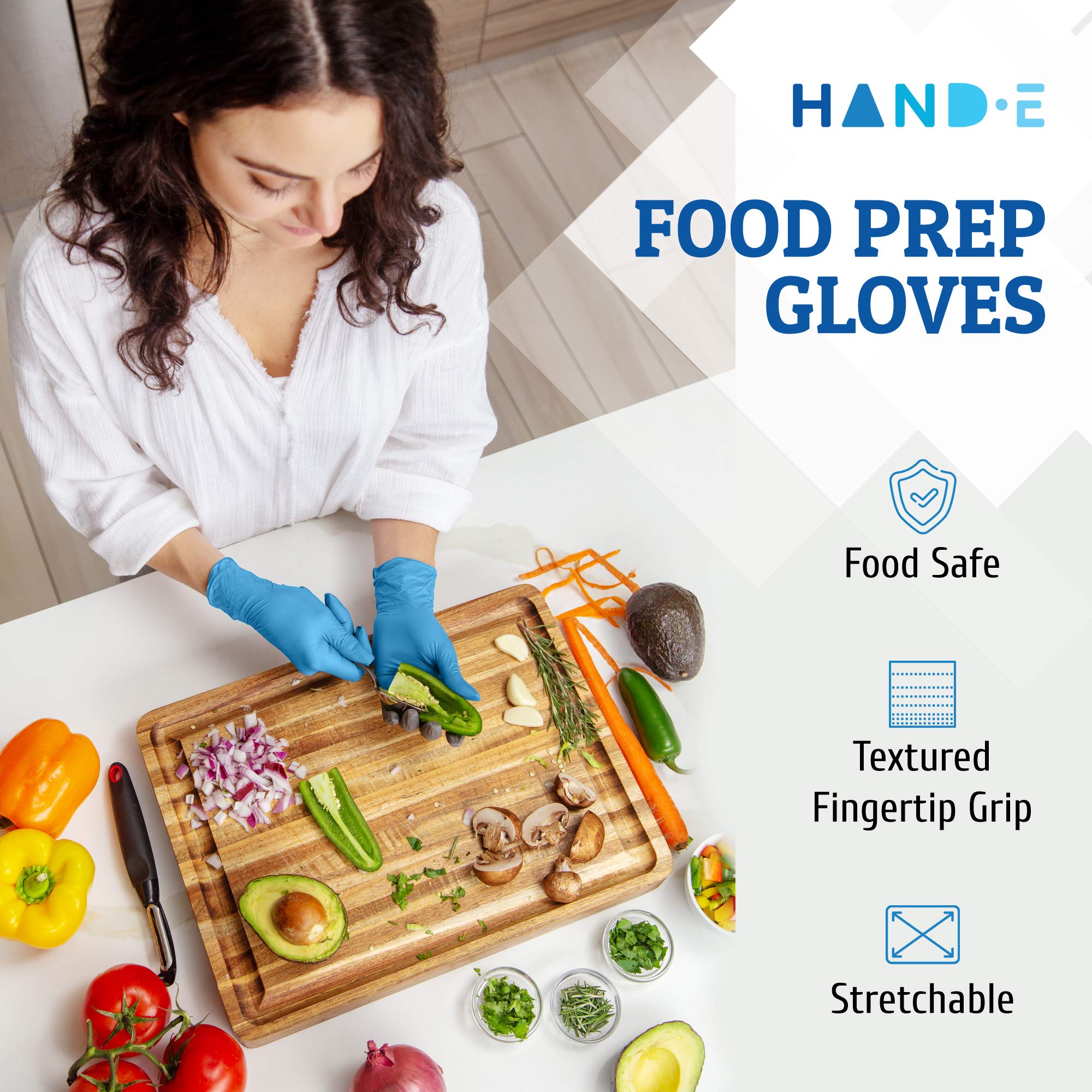 Hand-E Touch food-safe nitrile gloves suitable for cooking and food preparation.