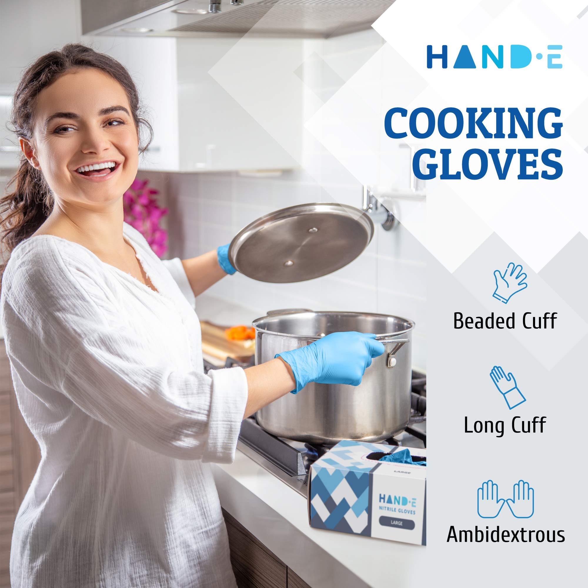 Large size Hand-E Touch blue nitrile gloves offering comfortable, latex-free protection.