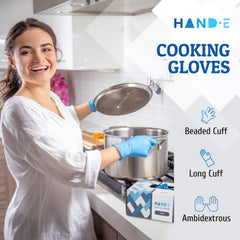 Large size Hand-E Touch blue nitrile gloves offering comfortable, latex-free protection.