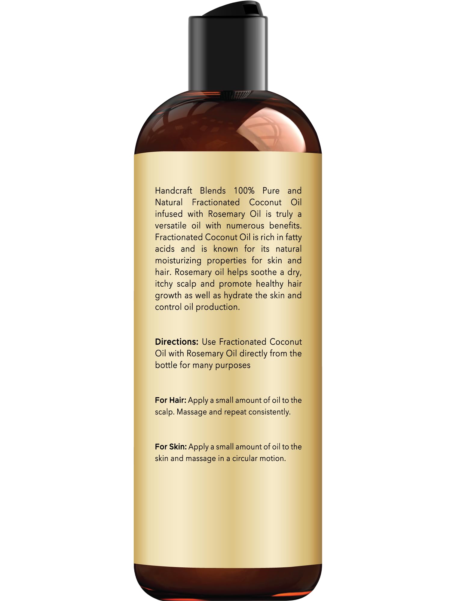 Handcraft Blends fractionated coconut oil bottle closeup emphasizes lightweight, non-greasy hydration.