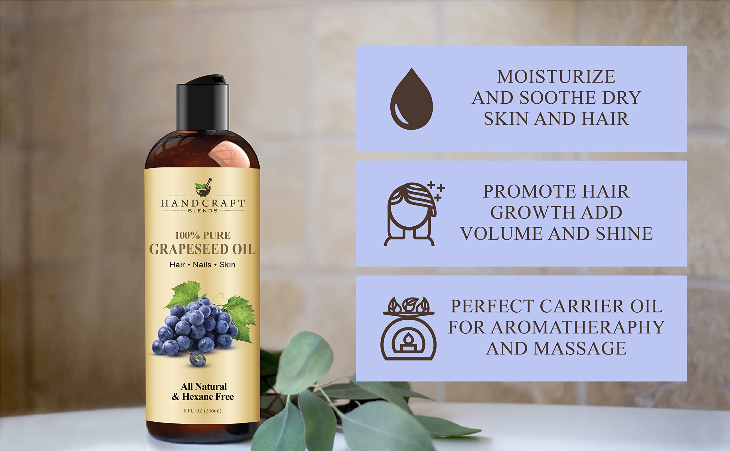 Handcraft Blends Grapeseed Oil packaging highlights hexane free and cruelty free