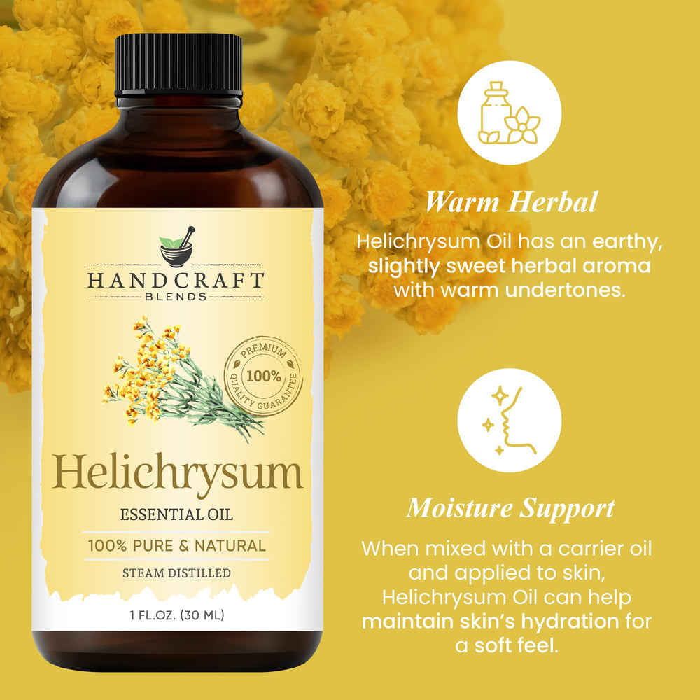 Handcraft Blends Helichrysum bottle beside DIY candle fragrance.