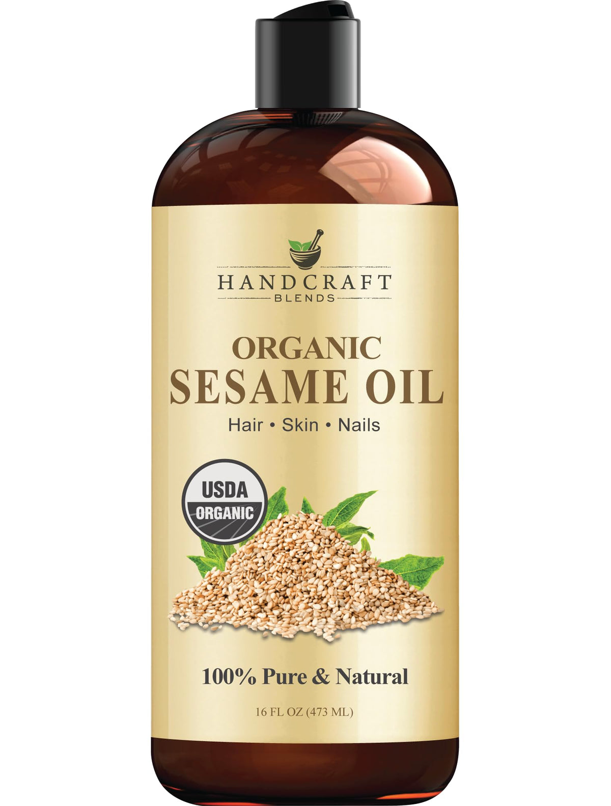 Handcraft Blends Organic Sesame Oil 16oz bottle, pure and versatile for skin and hair care.
