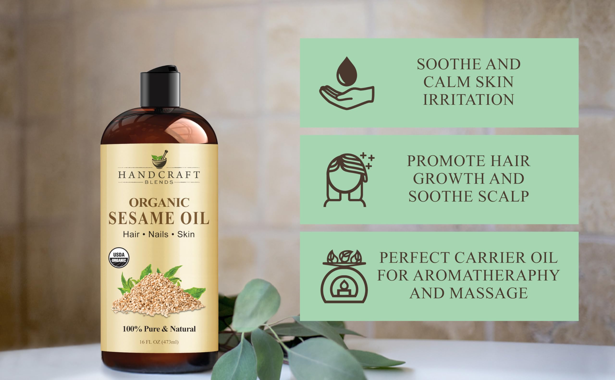 Handcraft Blends organic sesame oil label closeup, emphasizing purity and hexane-free processing.
