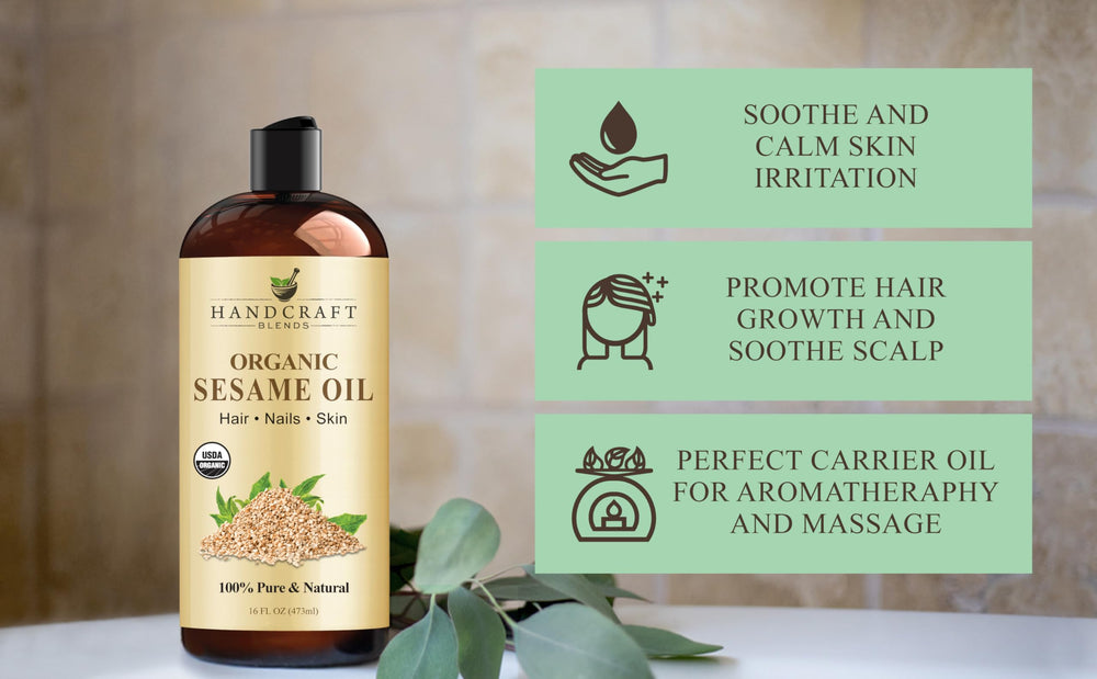 Handcraft Blends organic sesame oil label closeup, emphasizing purity and hexane-free processing.