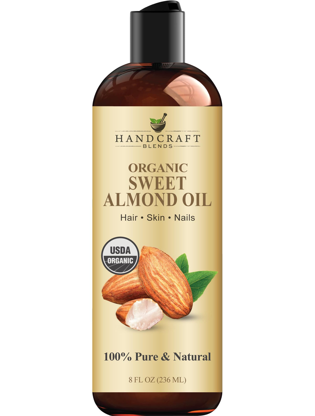Handcraft Blends Organic Sweet Almond Oil bottle showing pure, fragrance-free hydration for skin